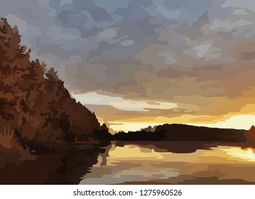 Vector background of lake at sunset