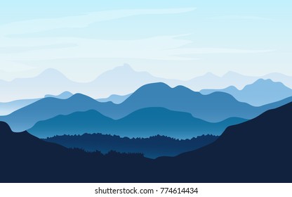 Vector background landscape with blue silhouettes of mountains