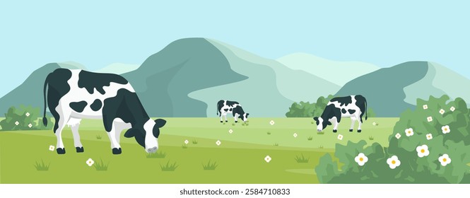 A vector background of landscape featuring a farm, lush grass, and a dairy cow, set against rolling hills and mountains. Ideal for countryside projects.