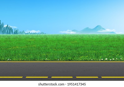 Vector background. Landscape with a green field and a road in the afternoon.