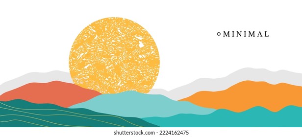 Fondo vectorial. Ilustración paisajística con líneas doradas. Imagen con montañas y puesta de sol. Papel pintado para carteles, decoración artística, arte mural, estampados de tela y decoración casera.