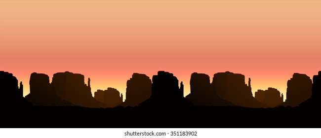 Vector background. Landscape seamless. Western desert. Rocks. Colorful sky.  