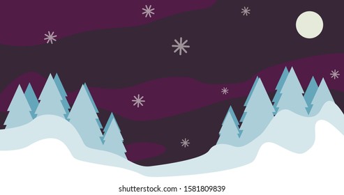 Vector background landscape with snow, snowflakes, trees, sky and moon.