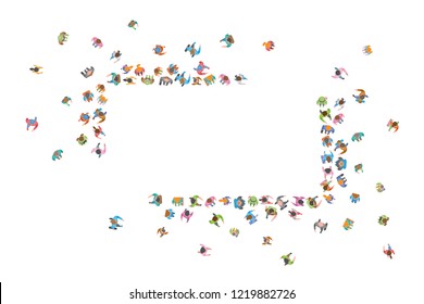 Vector background. Large group of people crowded in rectangular frame on white background. Top view. A group of people in the shape of a rectangle. View from above. Space for text.