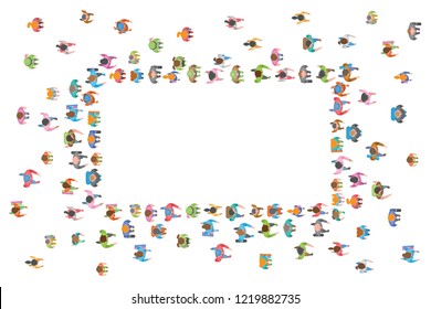 Vector background. Large group of people crowded in rectangular frame on white background. Top view. A group of people in the shape of a rectangle. View from above. Space for text.