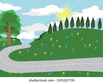 Vector background lawn with flowers, trees, bush, road and blue sky with clouds and sun. Illustration for the site, coloring, books, towels, bedding, bedspreads.