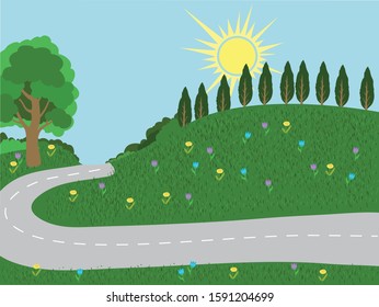 Vector background lawn with trees, bush, road and blue sunny sky without clouds. Illustration for the site, coloring, books, towels, bedding, bedspreads.