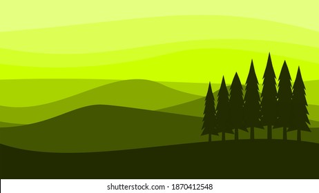 vector background layer of mountains with pine trees in the foreground, flat design, shades of green gradations, elegant and minimalist, suitable for design elements themed nature and environment 