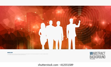 Vector background for Leaflet Brochure Flyer template, annual report book cover layout design. Silhouette of businessmen on an abstract background of the city.