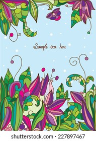 vector background with leaves flowers on a blue background,a Bush with leaves and flowers