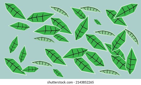 Vector background with leaves of indeterminate plants. Leaves in green and light green border. Black leaf veins.