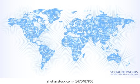 Vector background. Light blue map of planet Earth with social icons. Global Internet. Technology and telecommunications. Countries and continents. Mobile communication and social networks.
