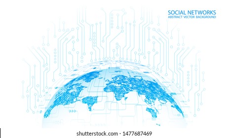 Vector background. Light blue map of planet Earth with social icons. Global Internet. Technology and telecommunications. Countries and continents. Mobile communication and social networks.