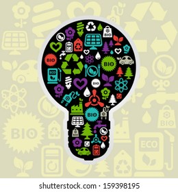 Vector background with light bulb shape contained of ecology icons