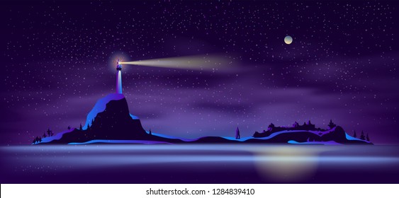 Vector background with lighthouse at night - building on mountain with searchlight, illuminated shore, landscape. Tower for navigation in ultraviolet colors, full moon backdrop. Mist, haze on beach.