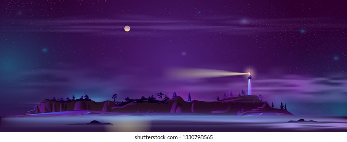 Vector background with lighthouse at night - building on the hill with searchlight, illuminated shore, landscape. Tower for navigation in ultraviolet colors, full moon backdrop. Mist, haze on beach.