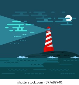 Vector background with lighthouse, sea, waves an night. Searchlight tower in ocean. Dark night and moon in clouds. Birds in the sky. A lighthouse illuminates the sky, birds and clouds at night. 