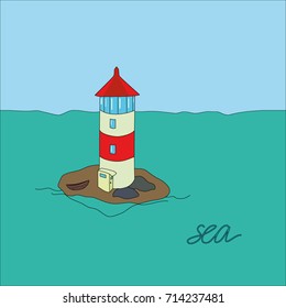 Vector background with lighthouse, sea, waves in a daytime. Searchlight tower in ocean. 