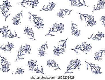  Vector background with lilies. Lily vector illustration. Lily flower pattern. Blue lily engraving vector. Floral pattern on a white background.
