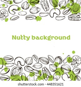 Vector background with a line of handmade sketches nuts. Set isolated on a white background nuts: almonds, hazelnuts, walnuts, peanuts in vintage style. The pattern with space for text