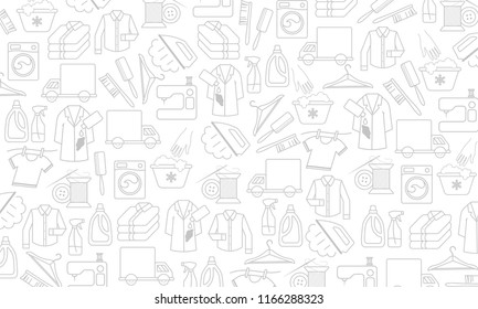 Vector Background With Linear Icons: Dry Cleaning, Laundry And Cloth Washing Service, Drying, Ironing Symbols, Washing Machine, Stain Removing, Hanger, Folded Clothing, Delivery, Clothes Repairing