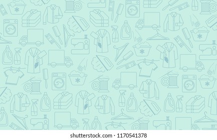 Vector Background With Linear Icons: Dry Cleaning, Laundry And Cloth Washing Service, Drying, Ironing Symbols, Washing Machine, Stain Removing, Hanger, Folded Clothing, Delivery, Clothes Repairing