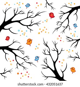 Vector background with little bright color birds and black branches with multicolored spots around. Cute summer card. Cartoon illustration
