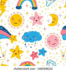 Vector Background with Little Cute Smiling Weather, Celestial bodies and Jewels Kawaii Icons. Sky and Space Seamless pattern for Kids Fashion, Nursery, Baby Shower