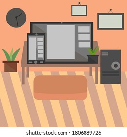 Vector Background The Living Room Desk Phone Tablet Computer Potted Plants Clocks And Pictures