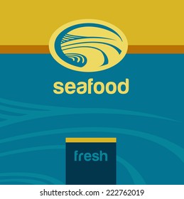 Vector background and logo label. Oceanside, landscape. Seafood.Fresh, natural, eco friendly