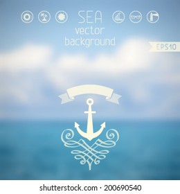 Vector background with logo, ribbon, calligraphic flourishes and travel icons. Blur retro backdrop. Travel design. There is place for your text.