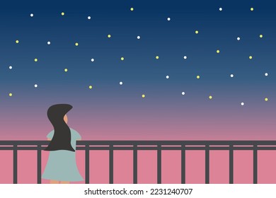 Vector background of lonely girl ,woman ,Female miss love couple boyfriend watch see night sky view star.Couple in love concept for miss alone feel , couple in love or valentine day online shopping.