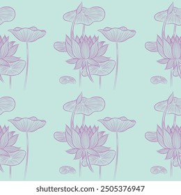 Vector background with lotus flower, leaves and buds. Floral seamless wallpaper in minimalistic linear style. Stylish design for fabric, print, cover, banner, invitation, wrapping, wall art.