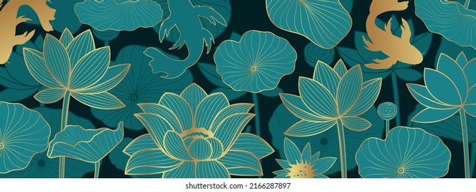 Vector background with lotus flowers in line-art style on a dark background. Vector poster.