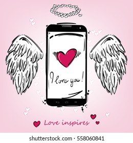 Vector background: Love inspires! Abstract illustration of a mobile phone, insertions and wings for design cards, banners, posters.