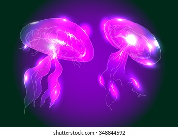 Vector background with luminous purple jellyfish