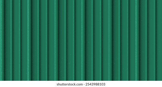 Vector background made of corrugated metal with rich texture of vertical green panels. They emphasize the durability and style of the roof and structures.