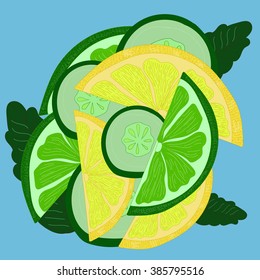 Vector background made with main ingredients for Sassy water. Food and healthy lifestyle theme, illustration and background for special sources, magazine article, recipe and textile pic.
