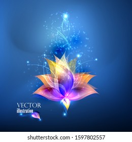 Vector background of a magic flower on a dark background with shiny elements.