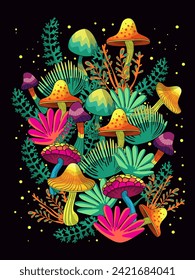 Vector background of magical neon green Mushrooms, pattern of bright fly agarics, fancy plants simple flat clip art.