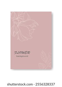 Vector background with magnolia flower and leaves made of thin lines on pink background. Suitable for design of invitations, cards, posters, covers, packaging .