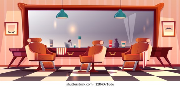 Vector background with male barbershop, gentlemanly salon for haircutting. Hipster grooming place with mirror, beauty club with professional devices, towels. Male service, fashion concept.