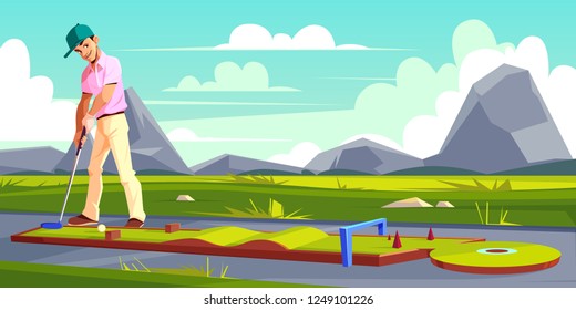 Fondo vectorial con un hombre jugando al golf sobre hierba verde. Atleta de pantalones rosado, pantalones blancos entrena en un campo. Deportes al aire libre, pasatiempos o actividades recreativas. El cielo y las montañas en los fondos.