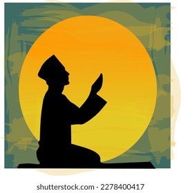 Vector background of a man praying, against a sunset backdrop 