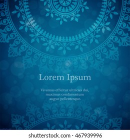 Vector background with mandala in blue color. Based on old greek, islamic and turkish ornaments. For invitation, banner, postcard or textile.