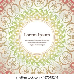 Vector background with mandala in pink and green. Based on ancient greek, islamic and turkish ornaments. For invitation, banner, postcard or textile.