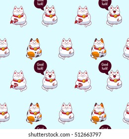 Vector background with maneki neco, beckoning cats, seamless pattern