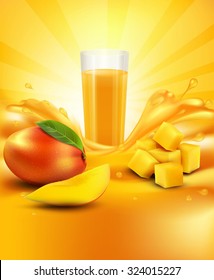 vector background with mango, a glass of juice, slices of mango