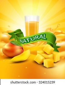 vector background with mango, a glass of juice, slices of mango, green ribbon