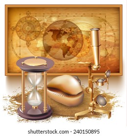 Vector background with a map, navigation tools and a conch